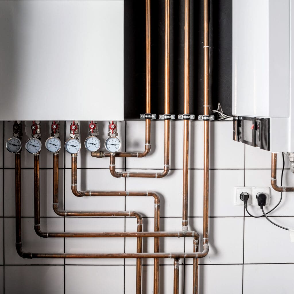 A set of copper pipes connected to a white boiler system with six pressure gauges and red valves, mounted on a tiled wall with two power outlets visible.