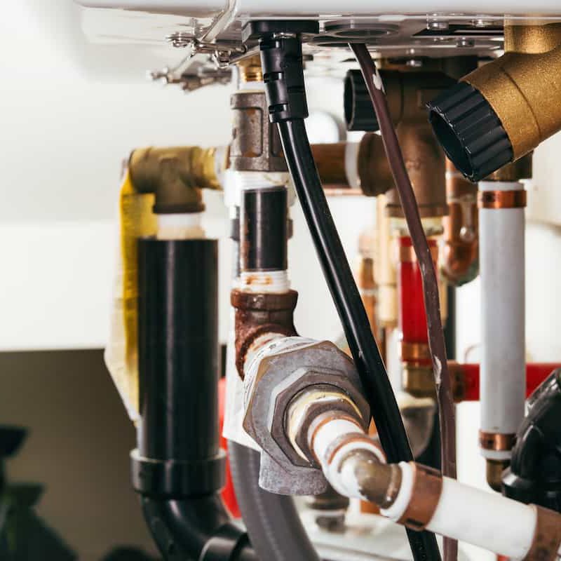 Close-up of various metal pipes, valves, and connectors under a sink or appliance, showing plumbing components including a large bolt, black hoses, and some rust and insulation material.