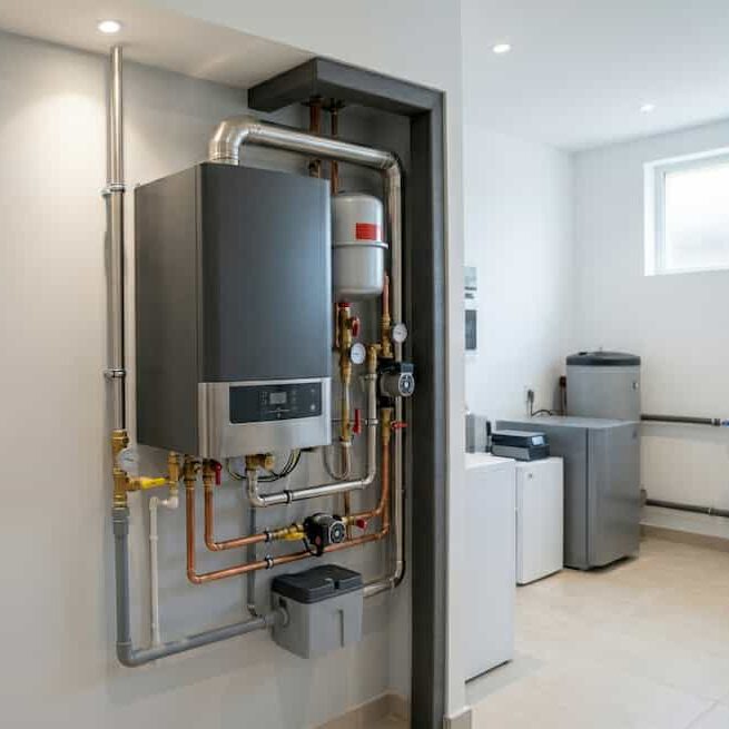 A modern boiler system with exposed pipes and gauges is mounted on a wall in a clean, bright utility room with additional appliances and a small window.